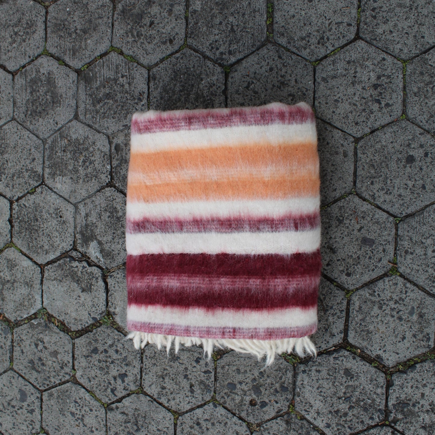 WOOL THROW SALMON & RED WINE LINES ON ECRU