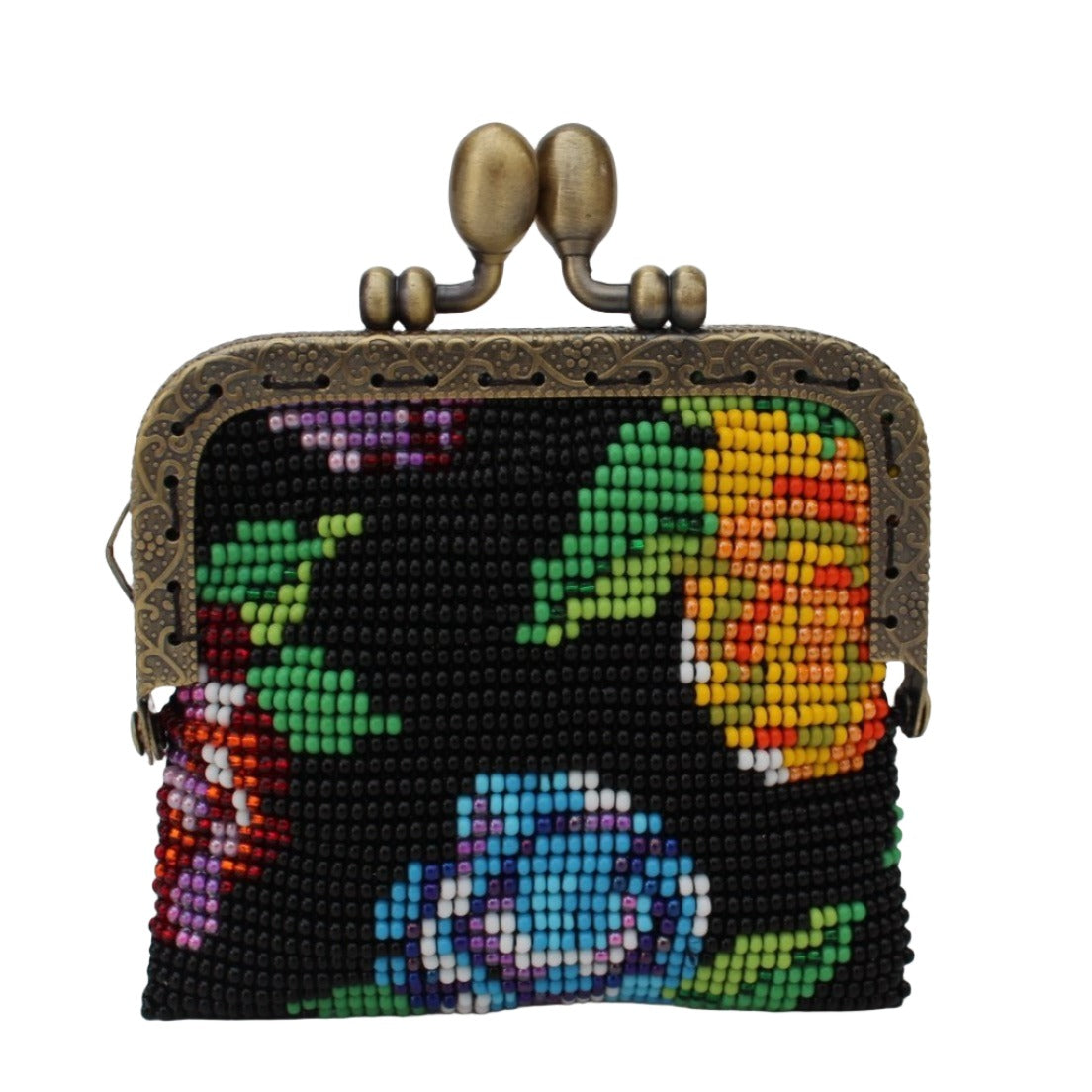 Glass Bead Coin Purse With Metal Frame Flowers