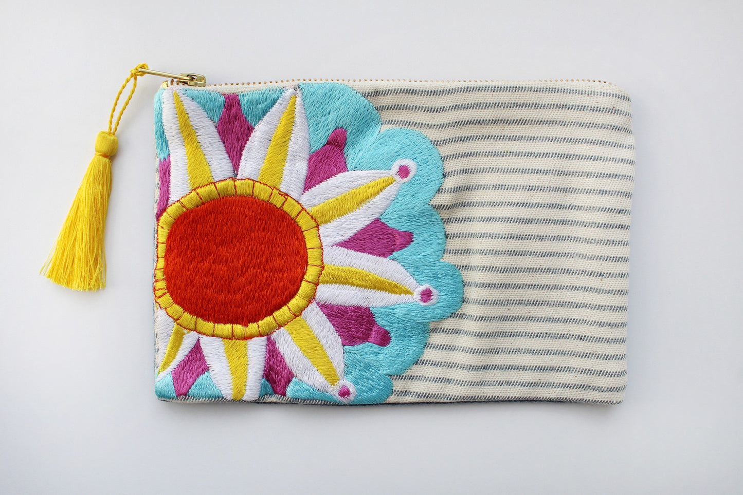 Embroidered Cosmetic Bag - Stripe Denim