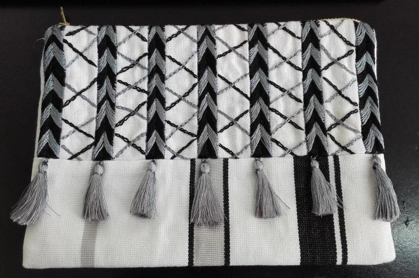 Hand embroidered Cosmetic Bag - Stripes Black and White