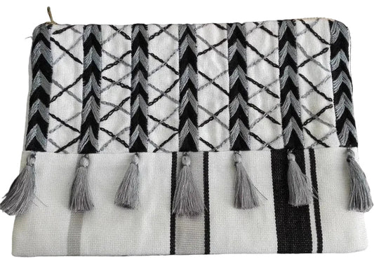 Hand embroidered Cosmetic Bag - Stripes Black and White