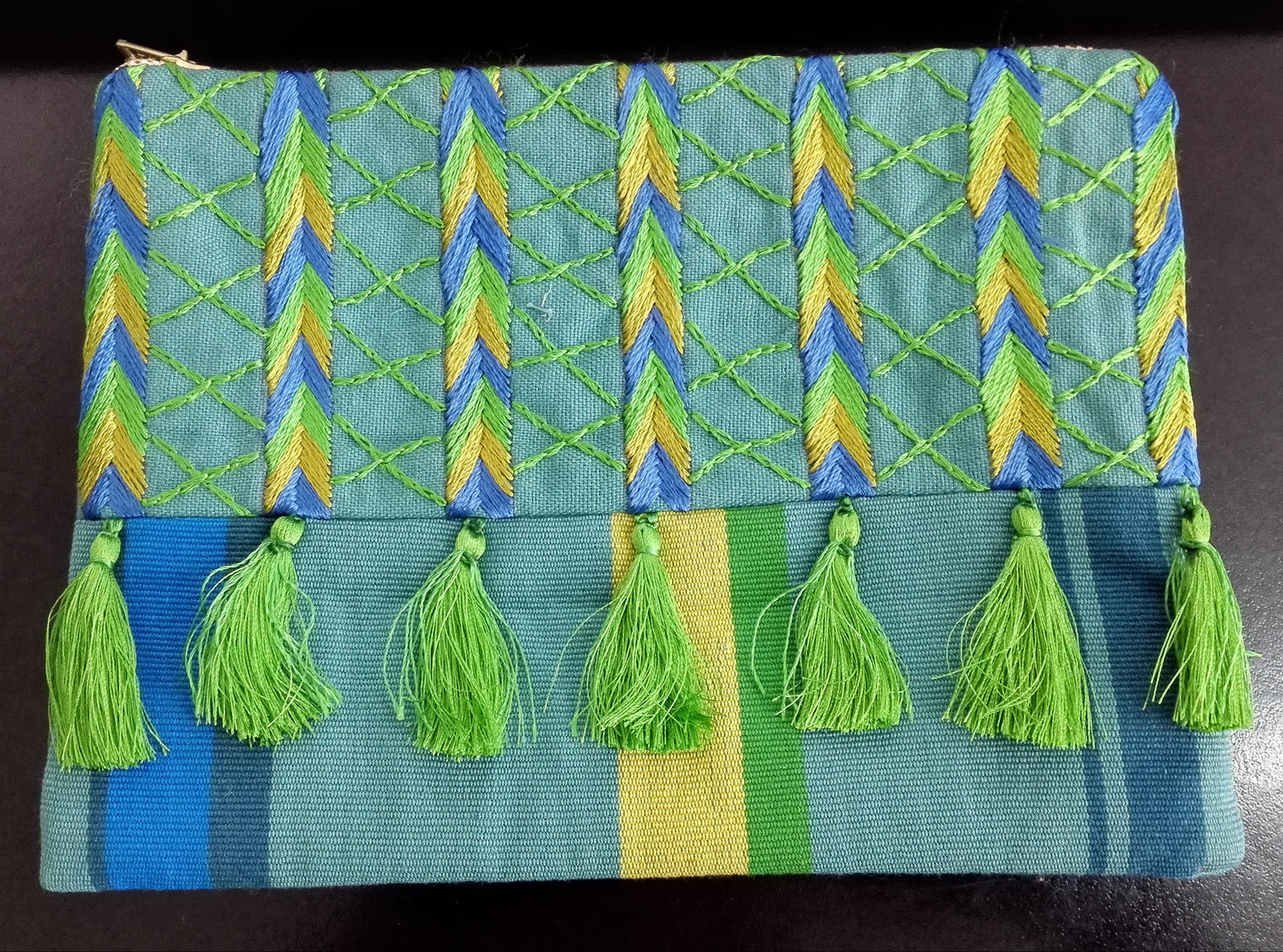Hand embroidered Cosmetic Bag - Stripes Green
