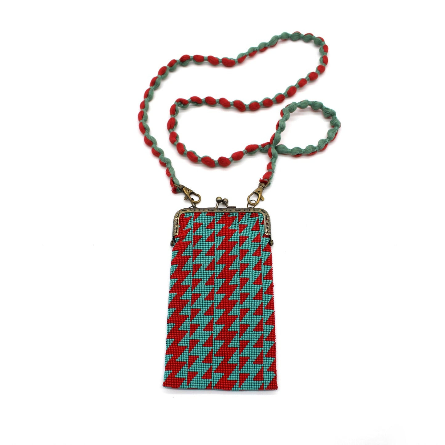 Glass Bead Cell Phone Crossbody Bag - LIGHTNING BOLT TURQUOISE RED