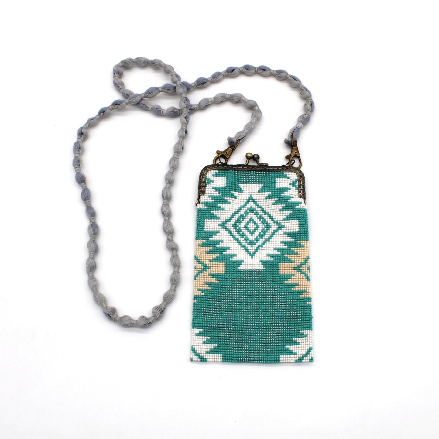 Glass Bead Cell Phone Crossbody Bag - DIAMONDS TURQUOISE