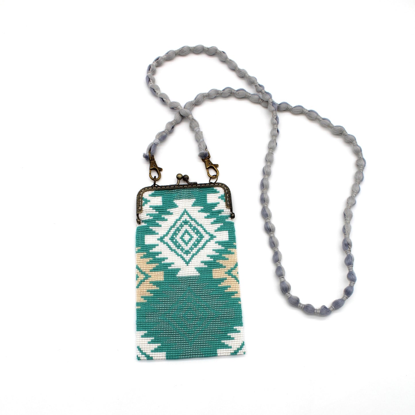 Glass Bead Cell Phone Crossbody Bag - DIAMONDS TURQUOISE