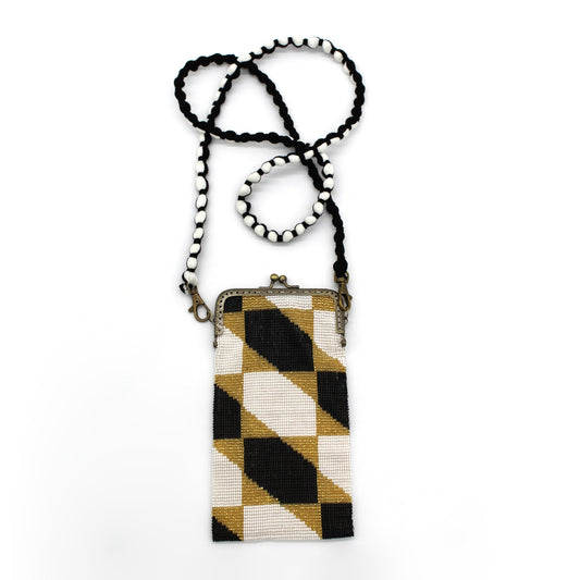 Glass Bead Cell Phone Crossbody Bag - GEO MUSTARD B&W