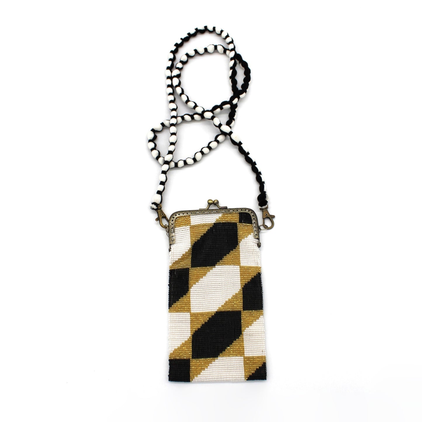 Glass Bead Cell Phone Crossbody Bag - GEO MUSTARD B&W