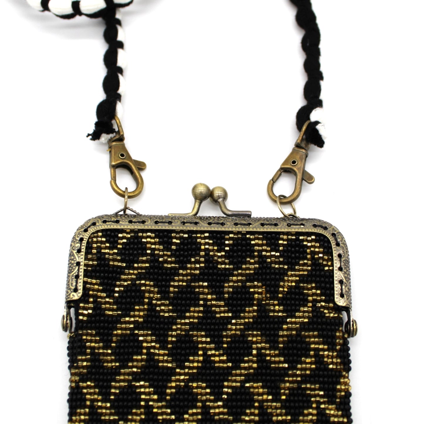 Glass Bead Cell Phone Crossbody Bag - STARS BLACK AND GOLD