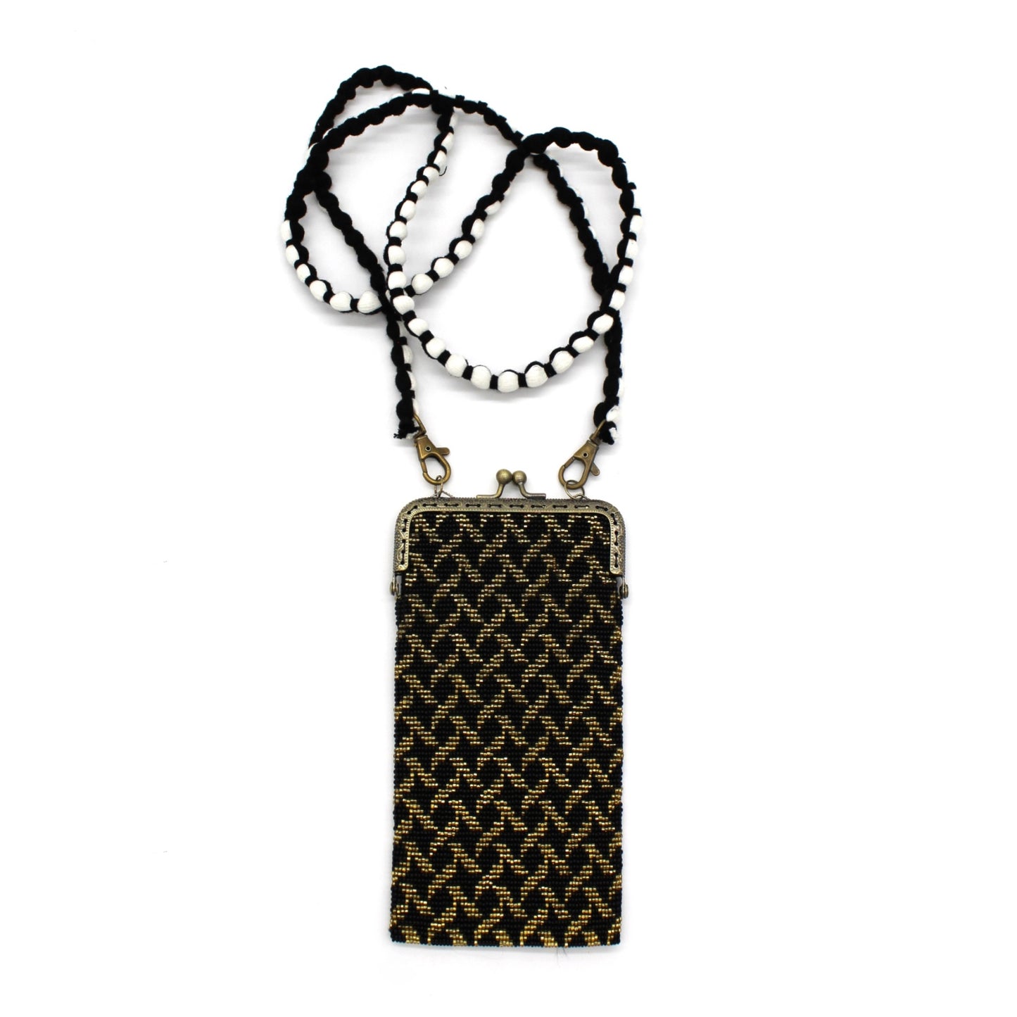 Glass Bead Cell Phone Crossbody Bag - STARS BLACK AND GOLD