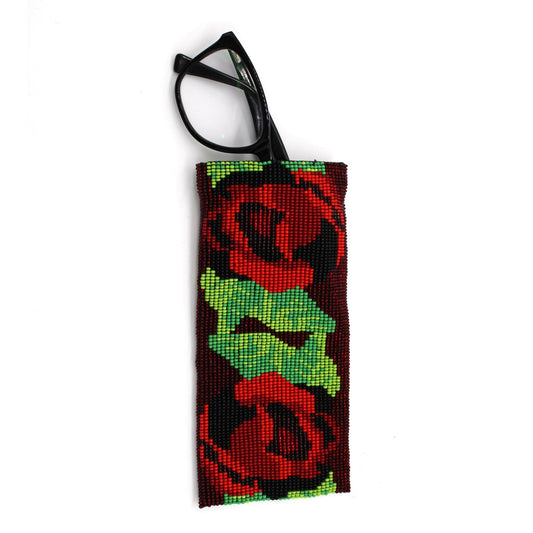 Glass Bead Eyeglass Case - FLOWERS RED
