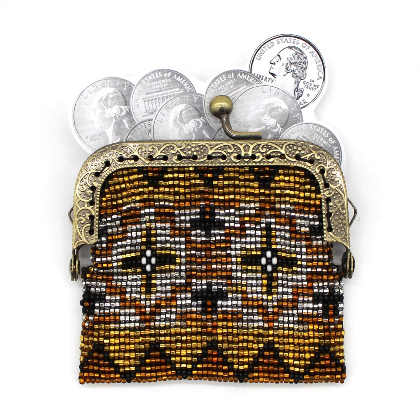 Glass Bead Coin Purse Metal Frame - BROWN GOLD