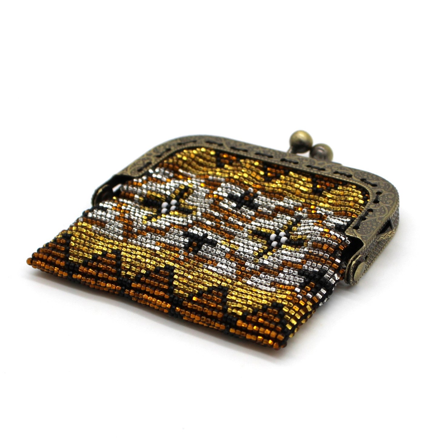 Glass Bead Coin Purse Metal Frame - BROWN GOLD