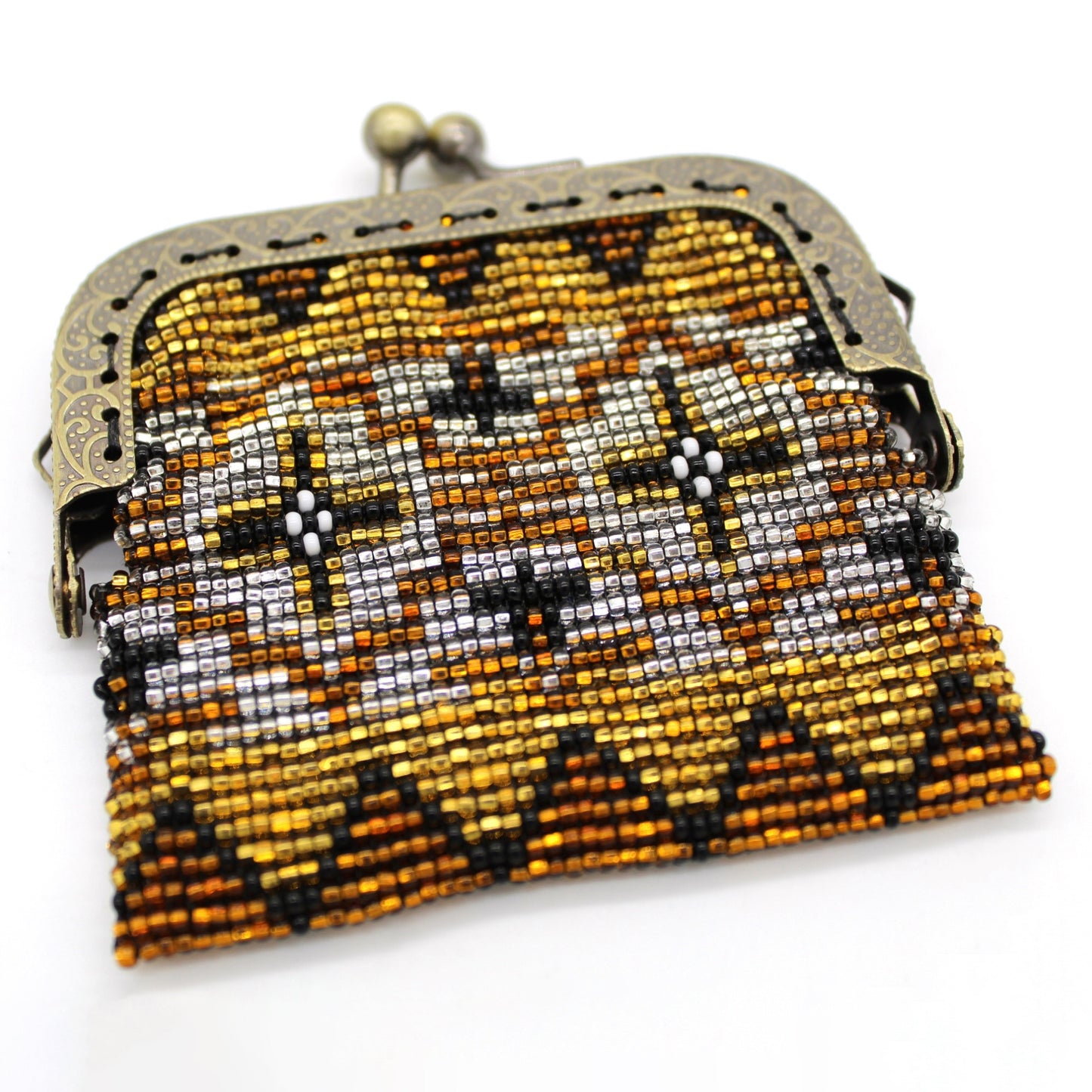 Glass Bead Coin Purse Metal Frame - BROWN GOLD