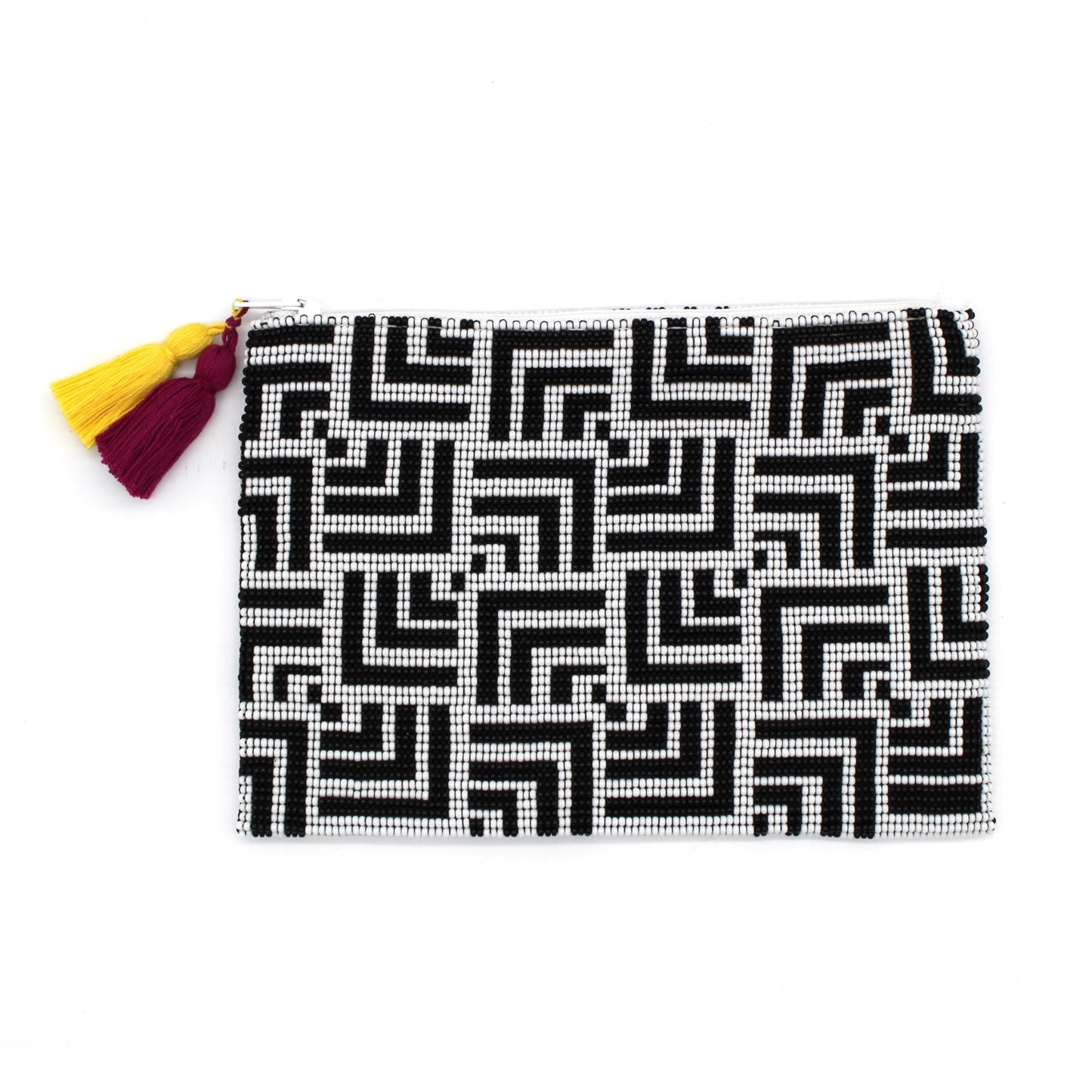 Labyrinth Glass Bead Clutch Black and White