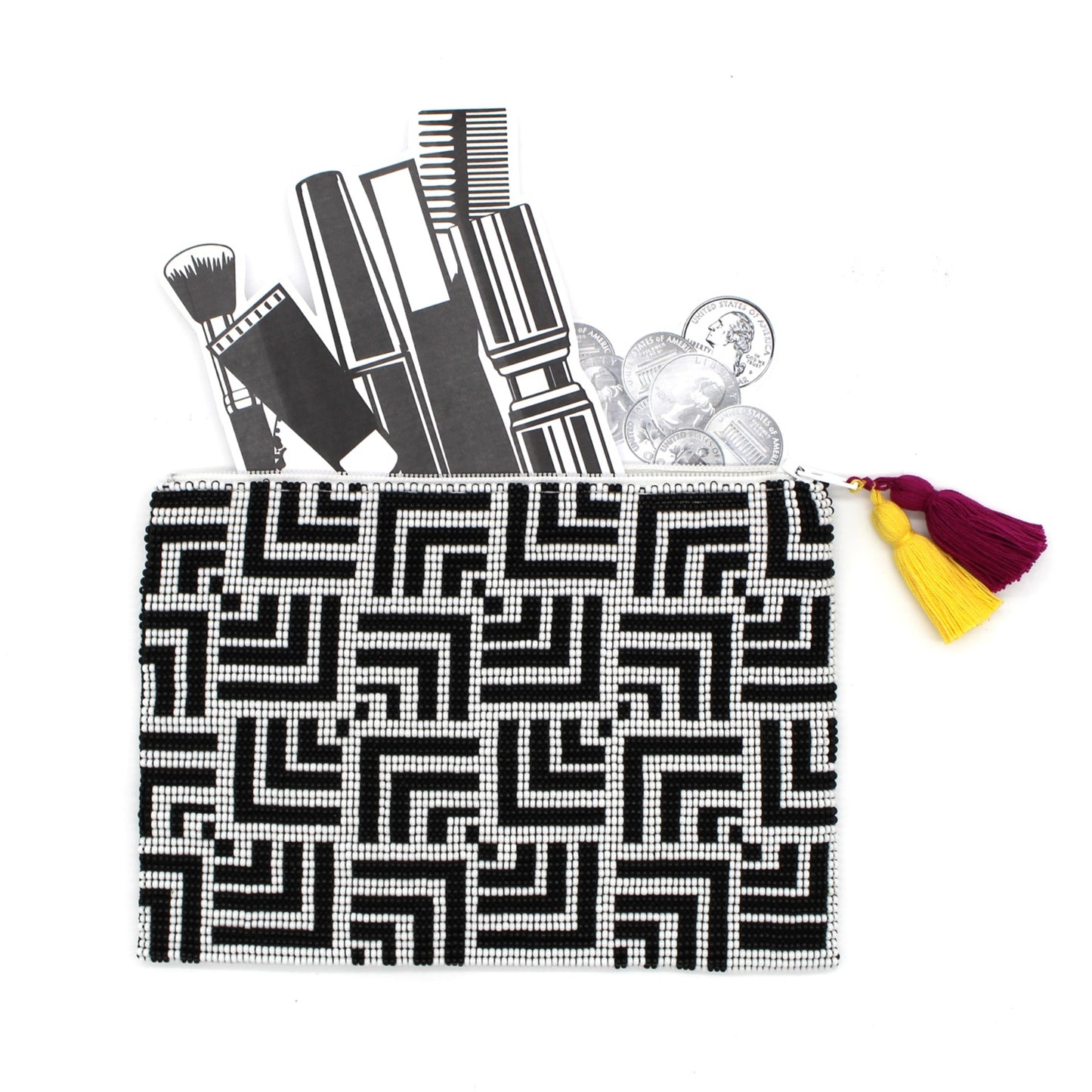 Labyrinth Glass Bead Clutch Black and White
