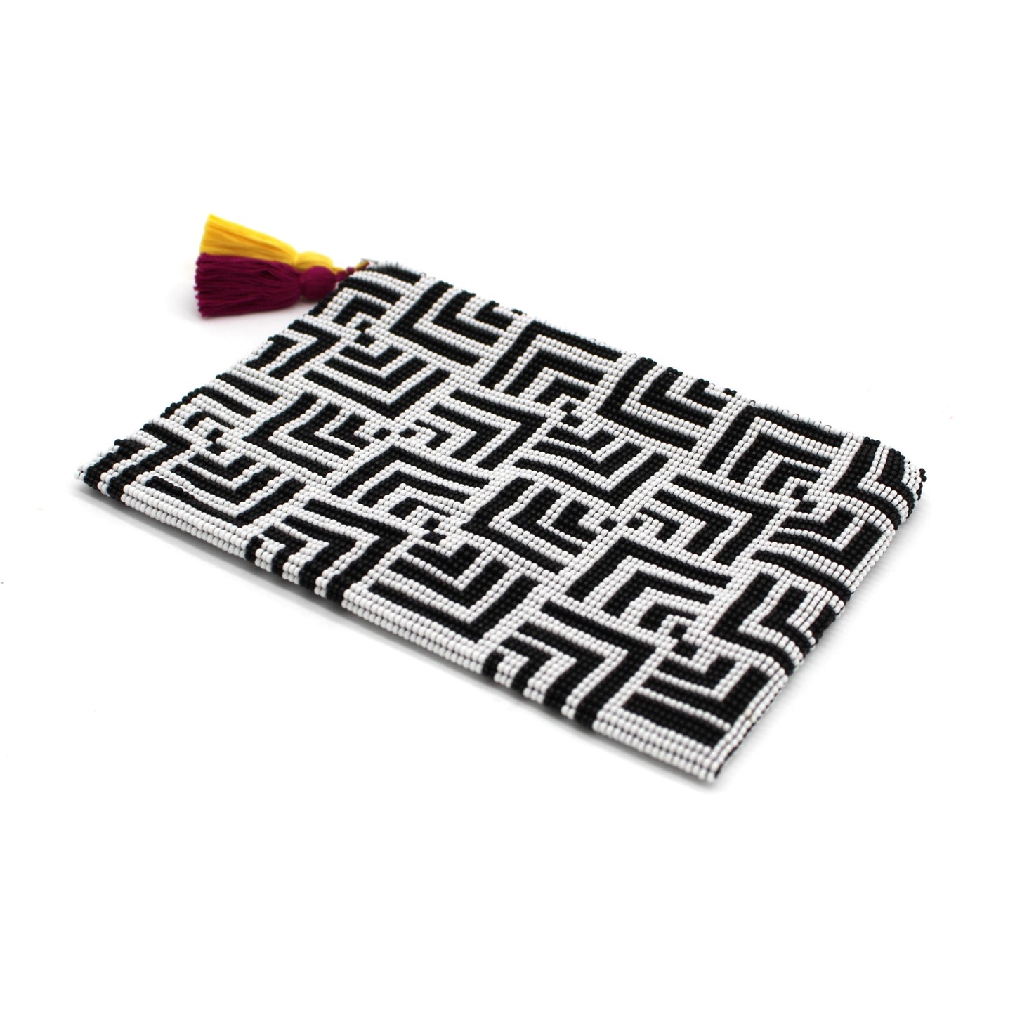 Labyrinth Glass Bead Clutch Black and White