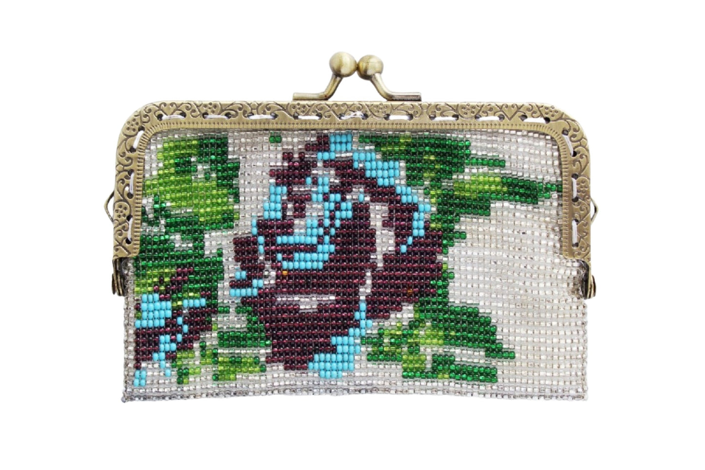 Beaded Flower Purse with Metal Frame and Clasp SILVER