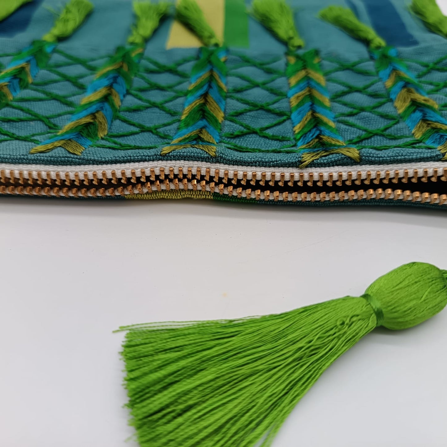 Hand embroidered Cosmetic Bag - Stripes Green