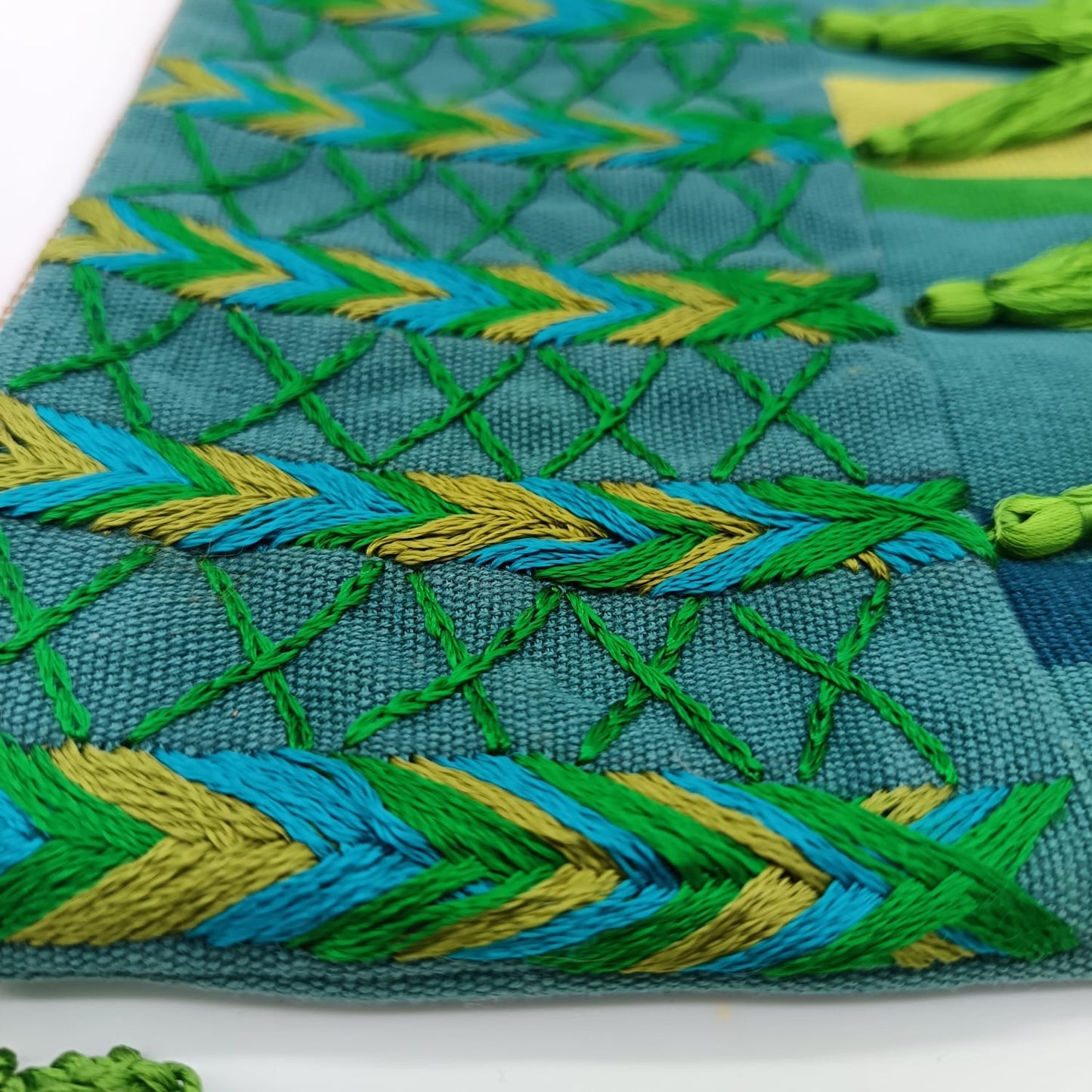 Hand embroidered Cosmetic Bag - Stripes Green