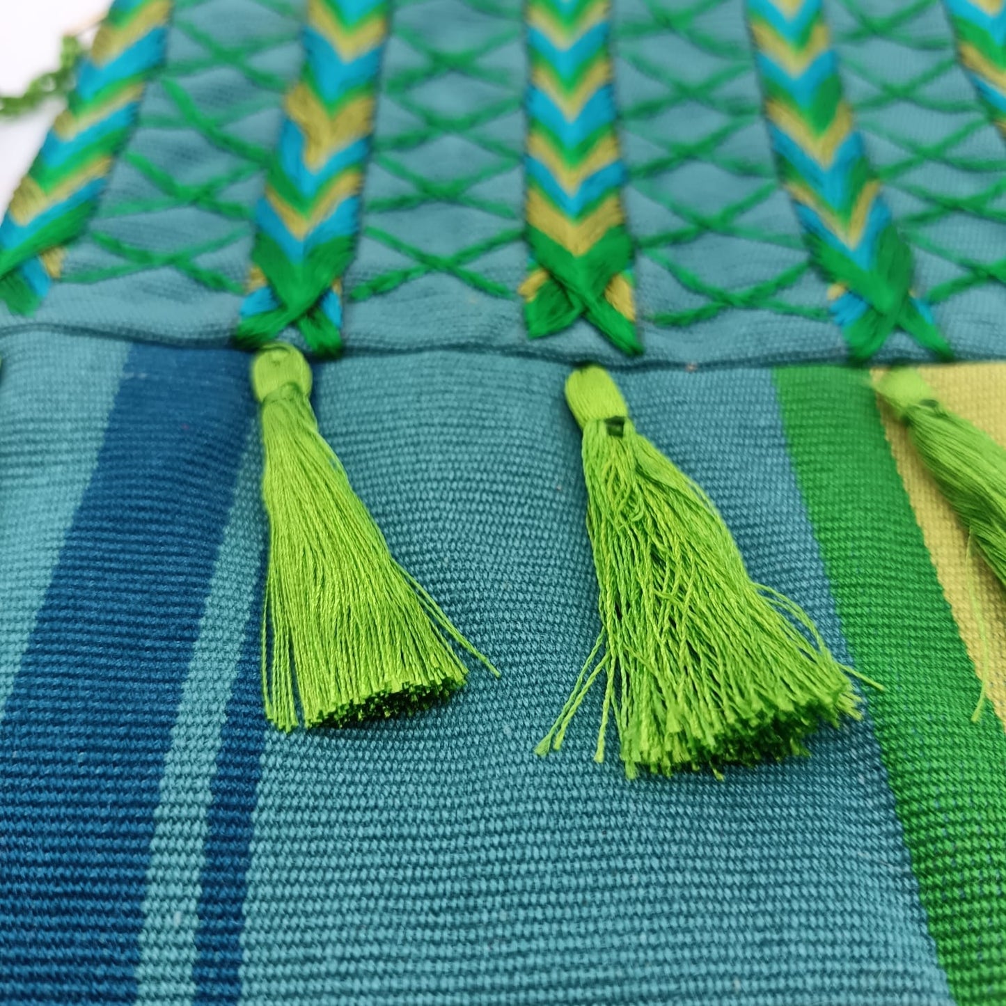 Hand embroidered Cosmetic Bag - Stripes Green