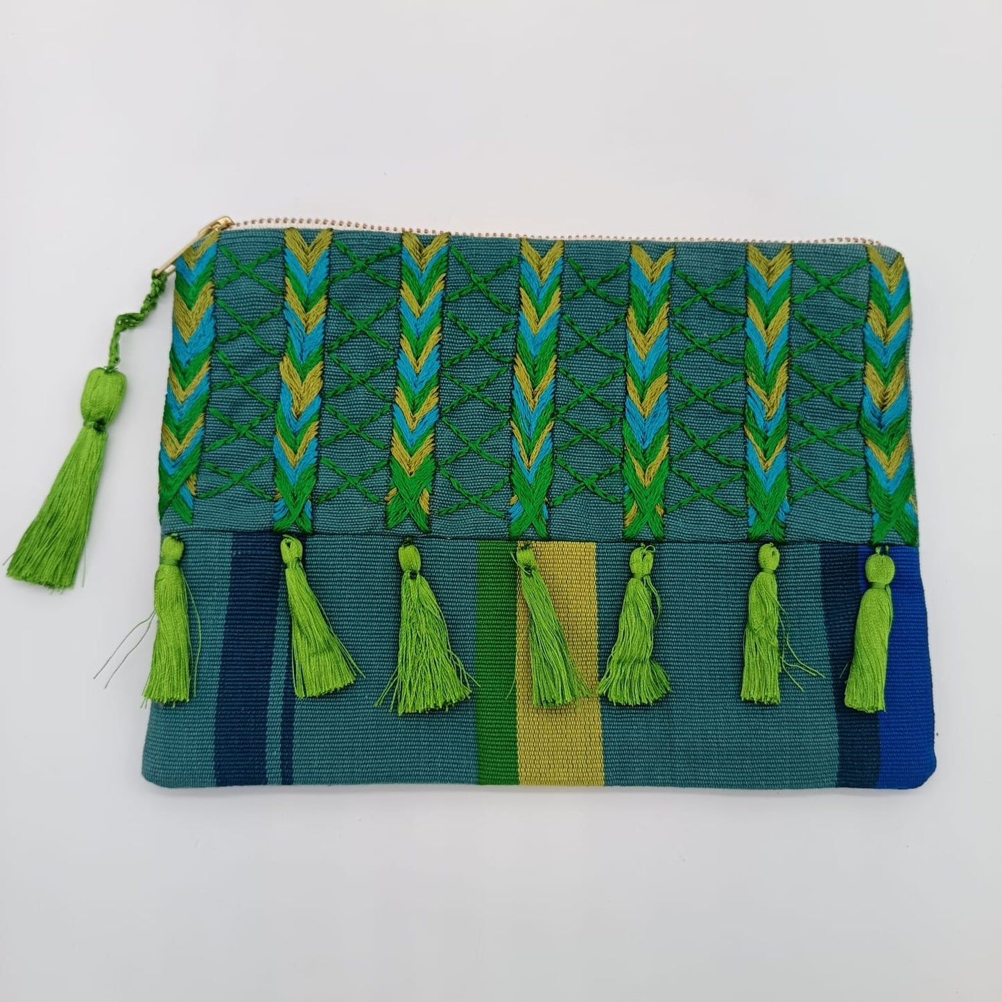 Hand embroidered Cosmetic Bag - Stripes Green