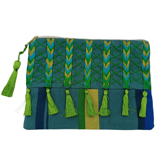 Hand embroidered Cosmetic Bag - Stripes Green