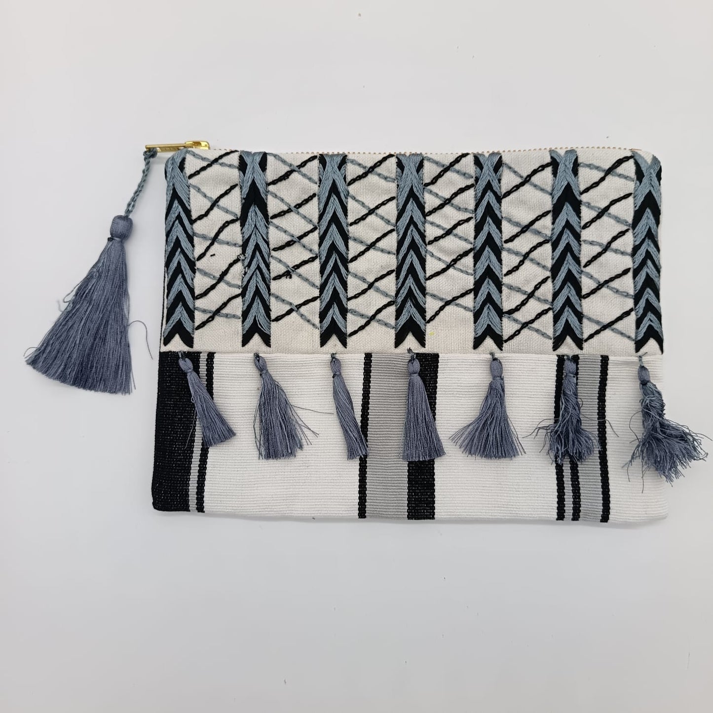 Hand embroidered Cosmetic Bag - Stripes Black and White