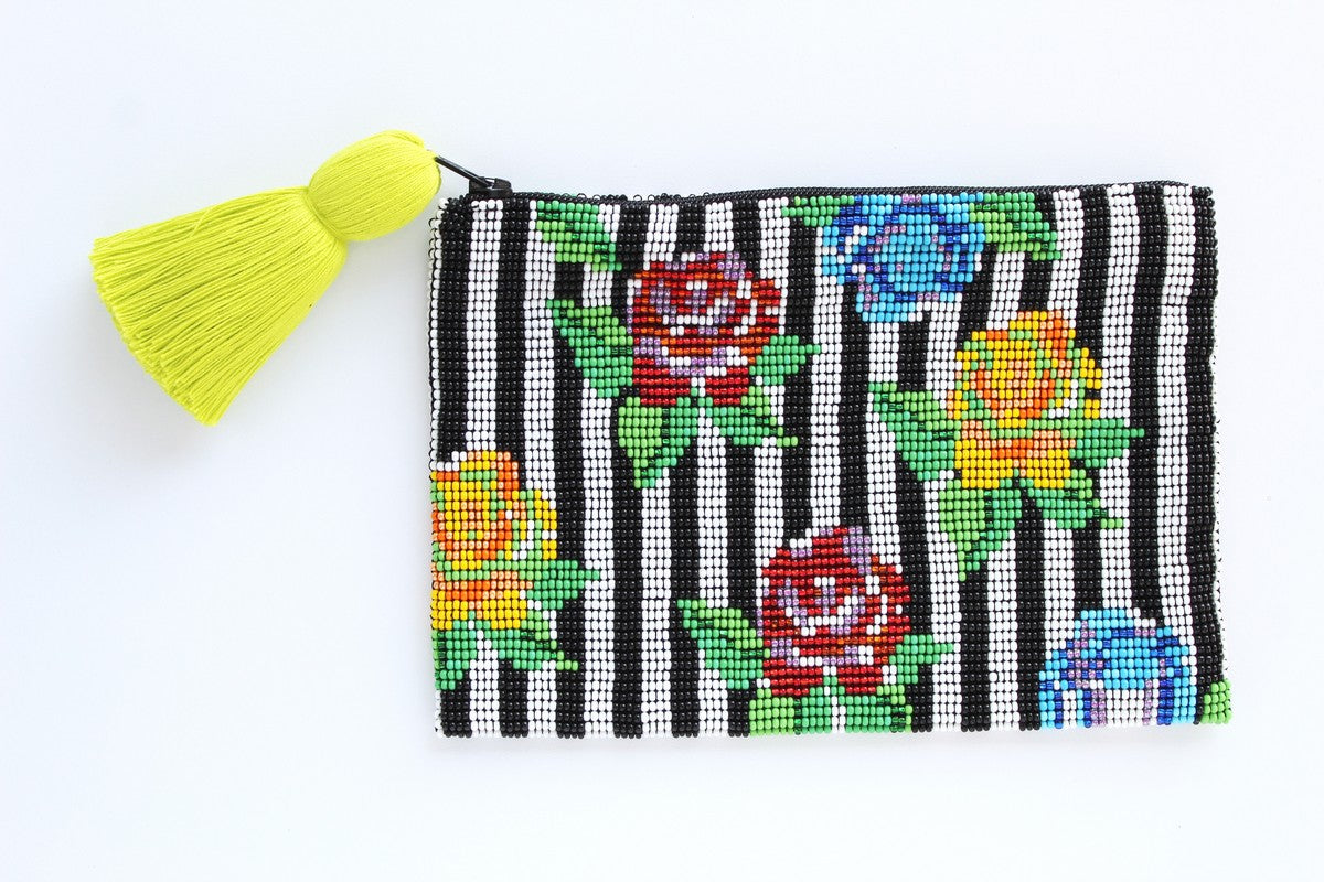 Stripe Flower Glass Bead Clutch