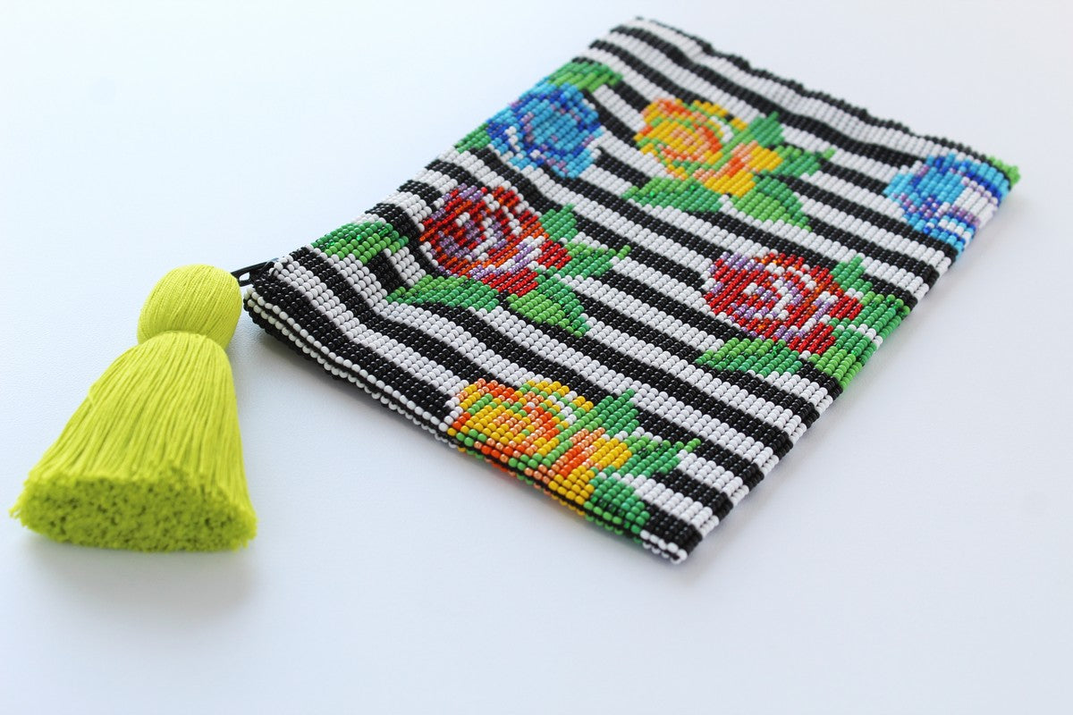 Stripe Flower Glass Bead Clutch