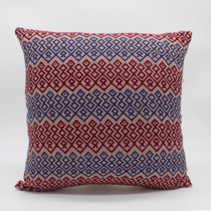 Pillow cover, Lt Brown background w/3 scales of red+blue brocade 16" x 16"