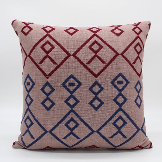 Pillow cover, Lt Brown background w/3 scales of red+blue brocade 16" x 16"