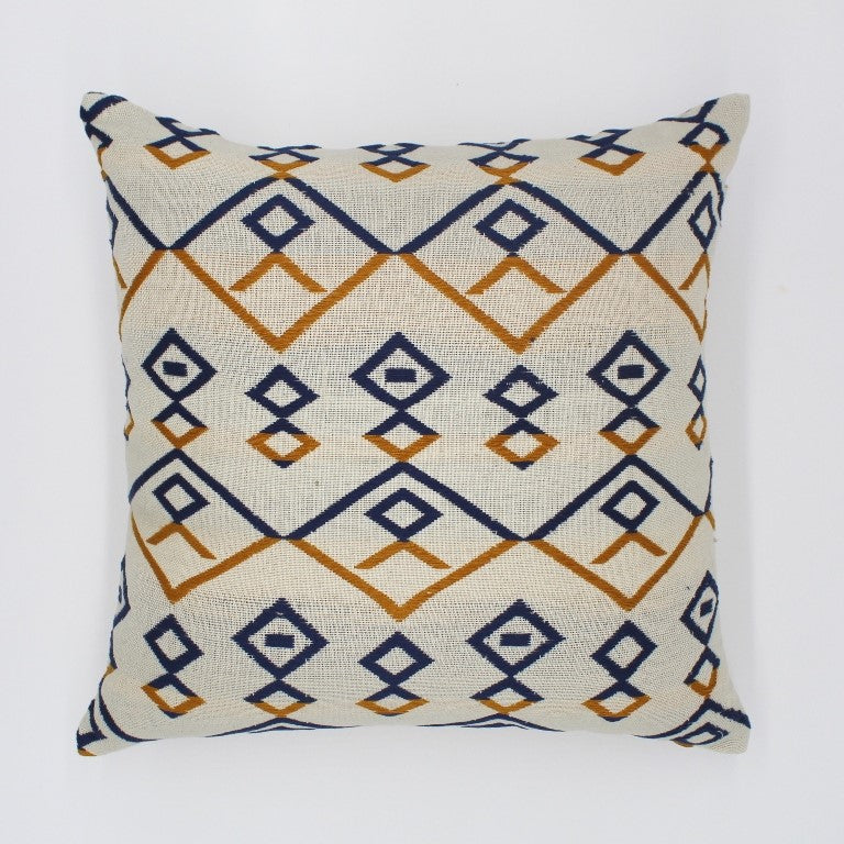 Pillow cover, Ecru background w/3 scales of mustard+blue brocade 16" x 16"
