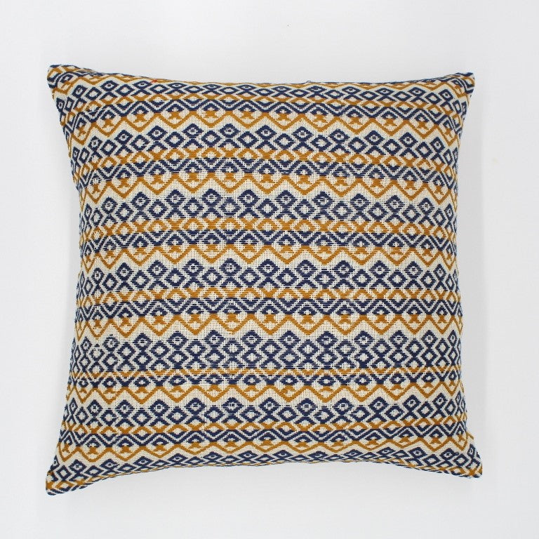 Pillow cover, Ecru background w/3 scales of mustard+blue brocade 16" x 16"
