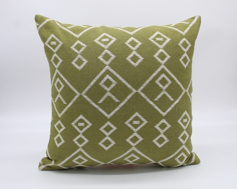 Pillow cover, Green background w/3 scales of Ecru brocade, 16" x 16"
