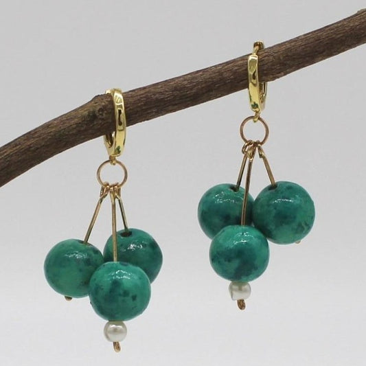 Green glossy ceramic finish Drops delicatedly mounted on golden studs and  huggie hoop.