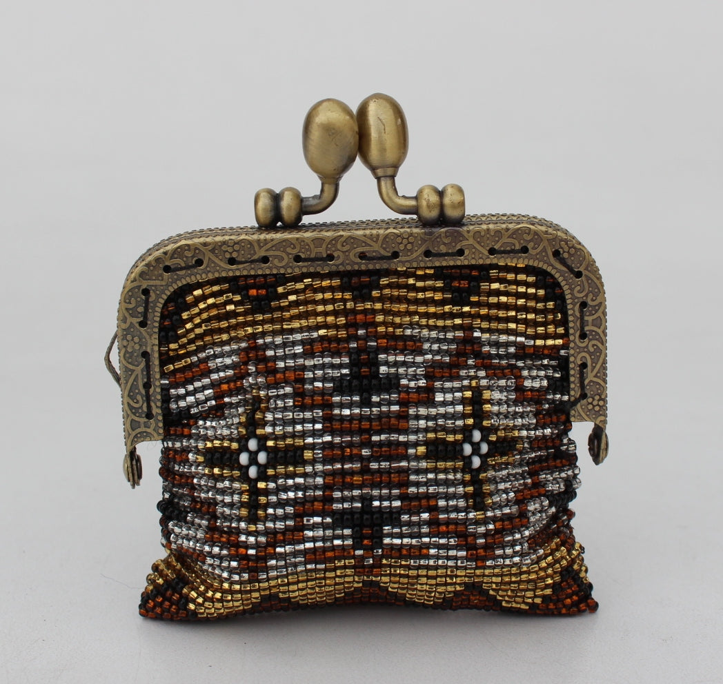 Glass bead coin purse with metal frame - Brown Gold