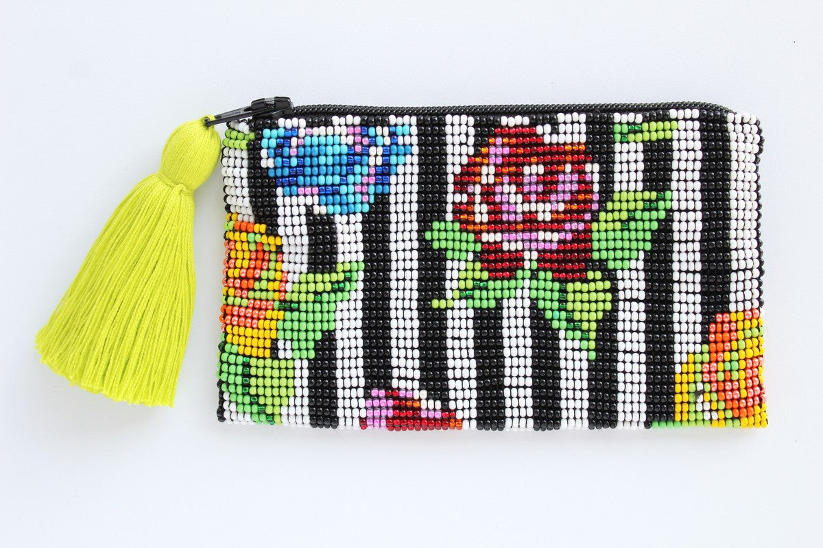 Stripe Flower Glass Bead Clutch