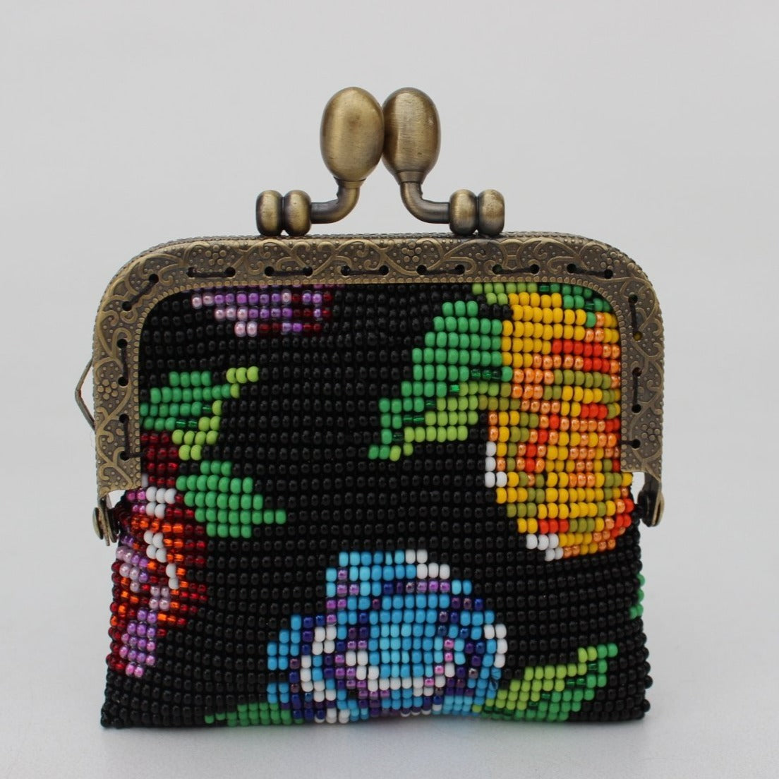 Glass Bead Coin Purse With Metal Frame - Flowers