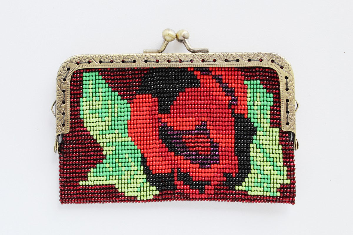 Beaded Flower Purse with Metal Frame and Clasp