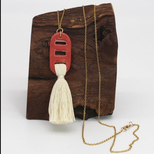 Coral Ceramic necklace with extra long golden chain.
