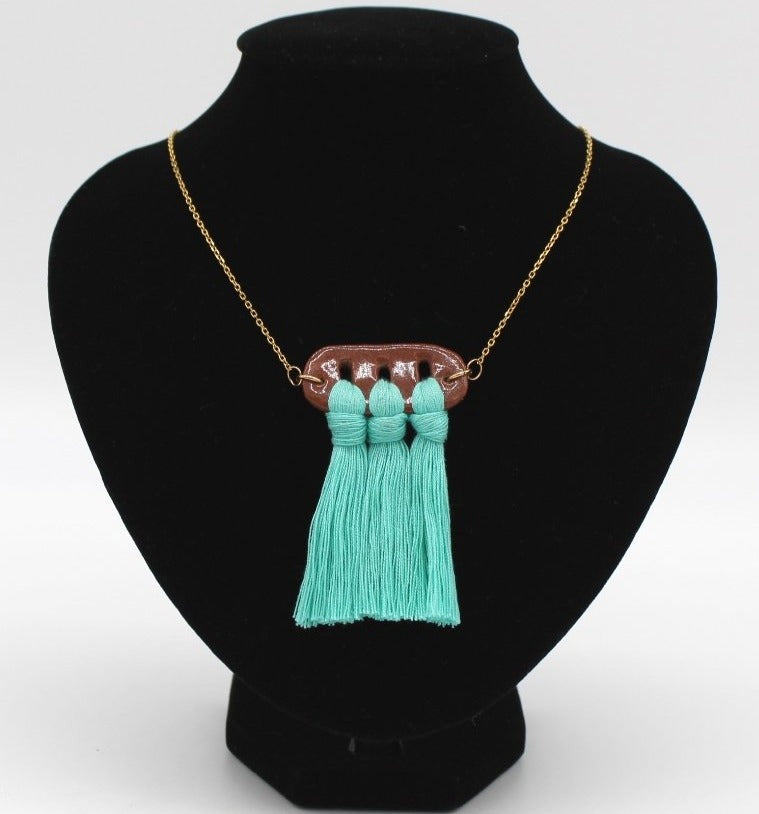 Terracota ceramic necklace with turquoise fringes
