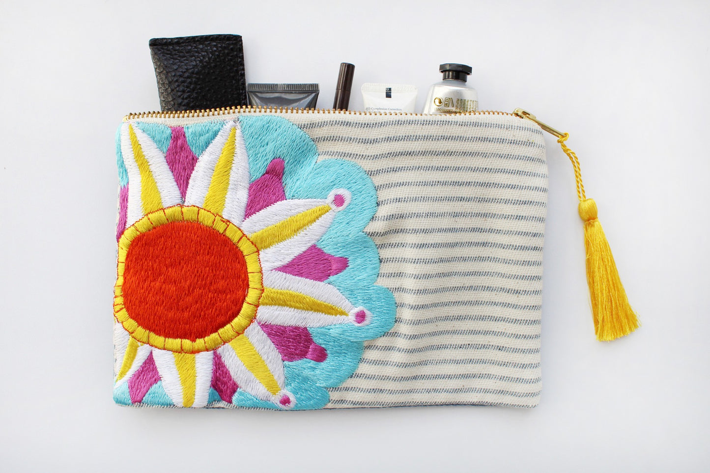 Embroidered Cosmetic Bag - Stripe Denim