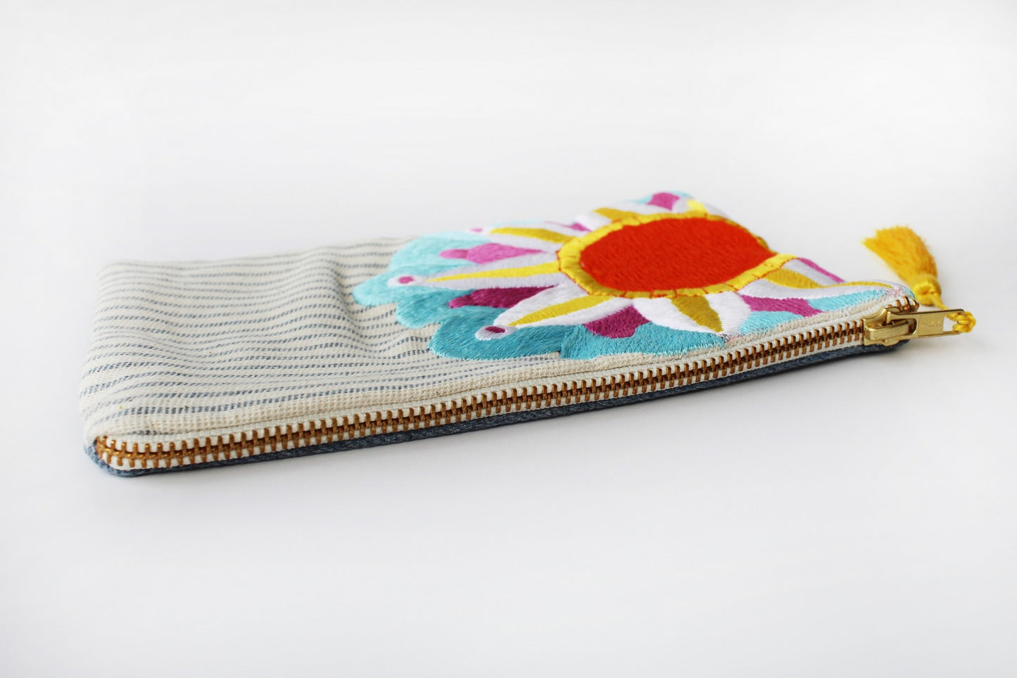 Embroidered Cosmetic Bag - Stripe Denim