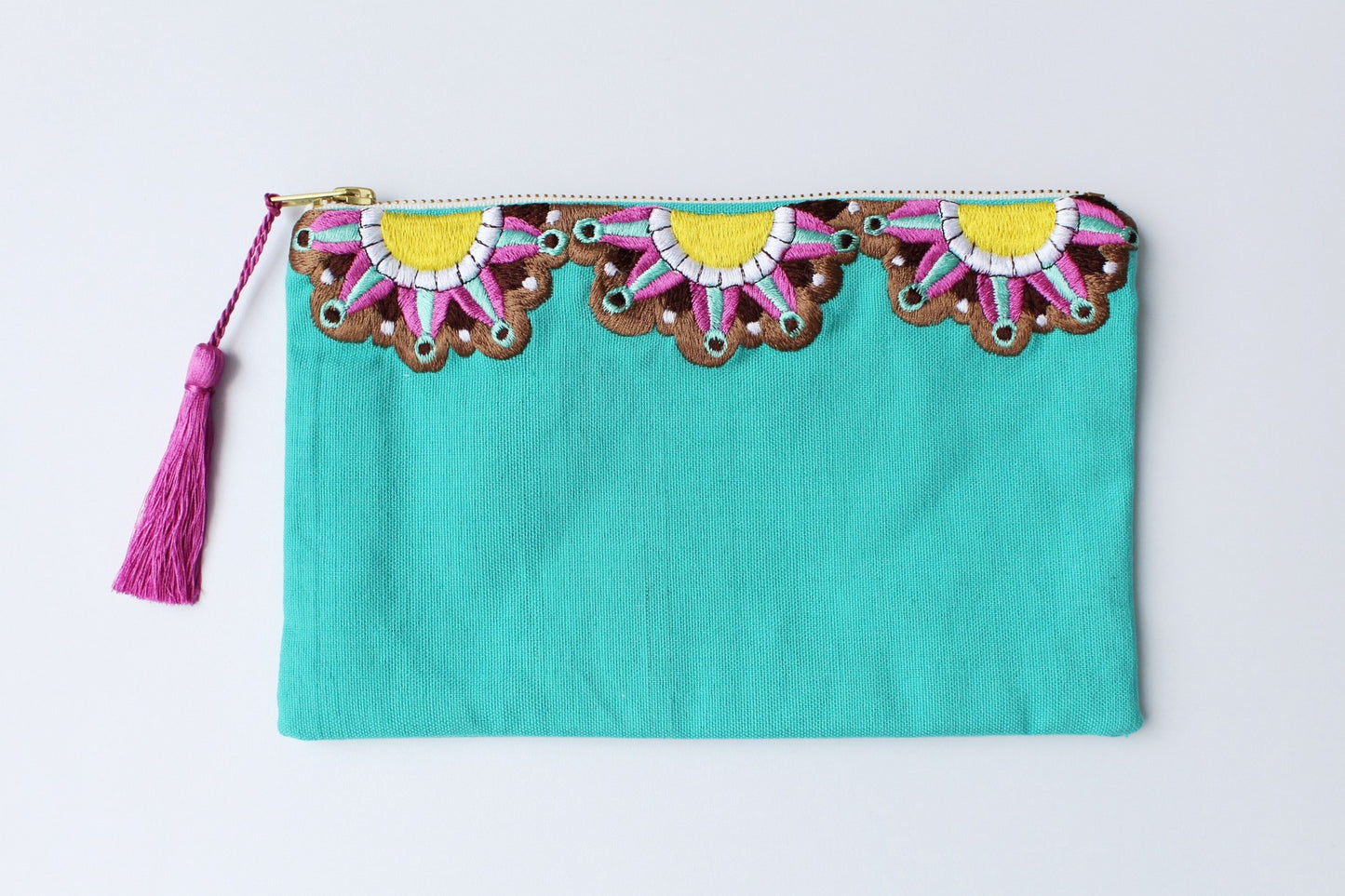 Embroidered Cosmetic Bag - Turquoise Fuchsia