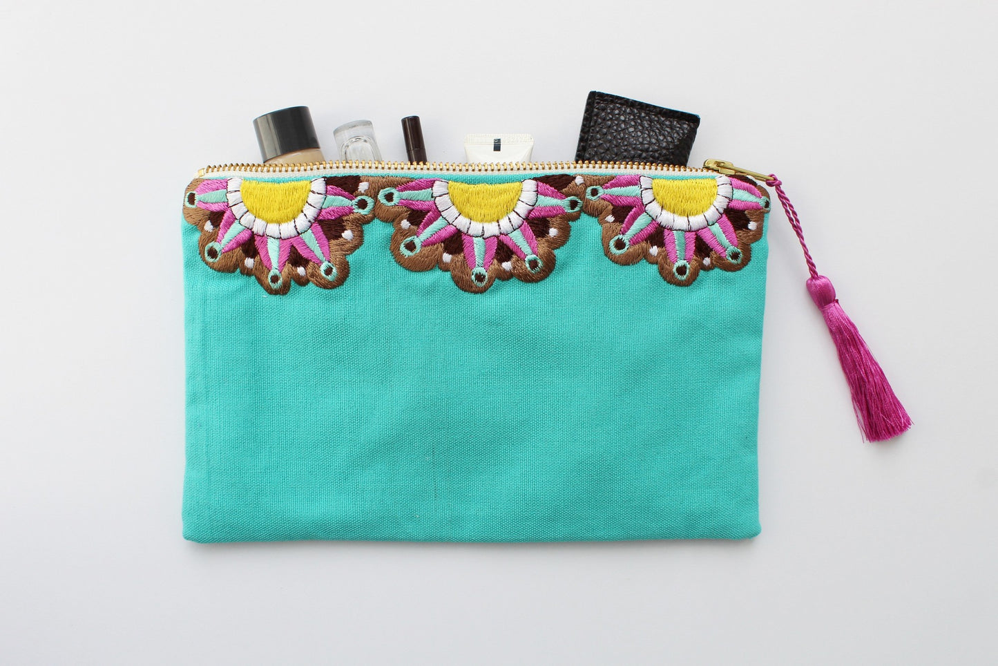 Embroidered Cosmetic Bag - Turquoise Fuchsia