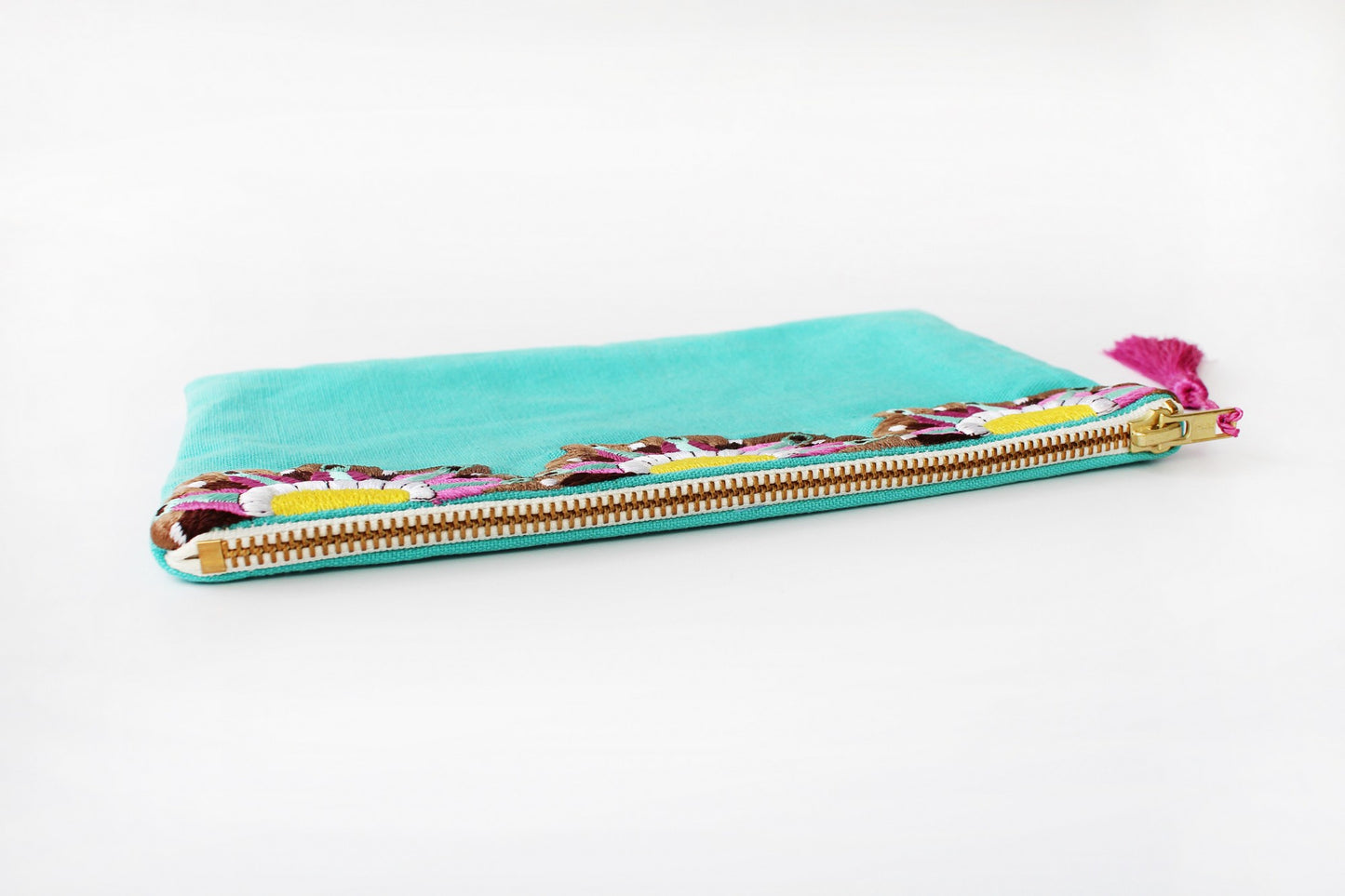 Embroidered Cosmetic Bag - Turquoise Fuchsia