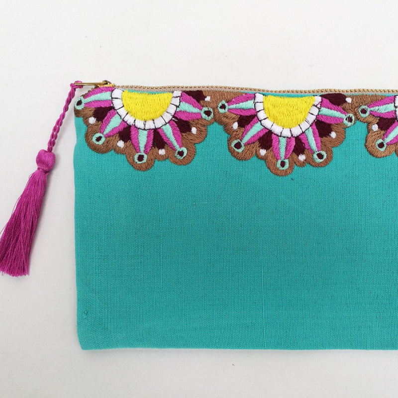 Embroidered Cosmetic Bag - Turquoise Fuchsia details