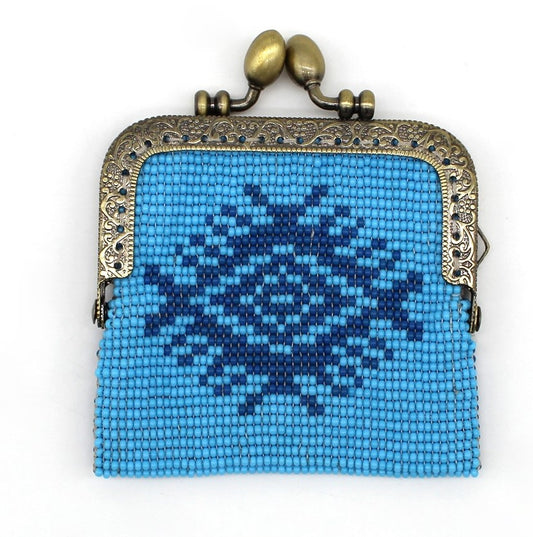 Glass bead coin purse with metal frame - Blue Eye