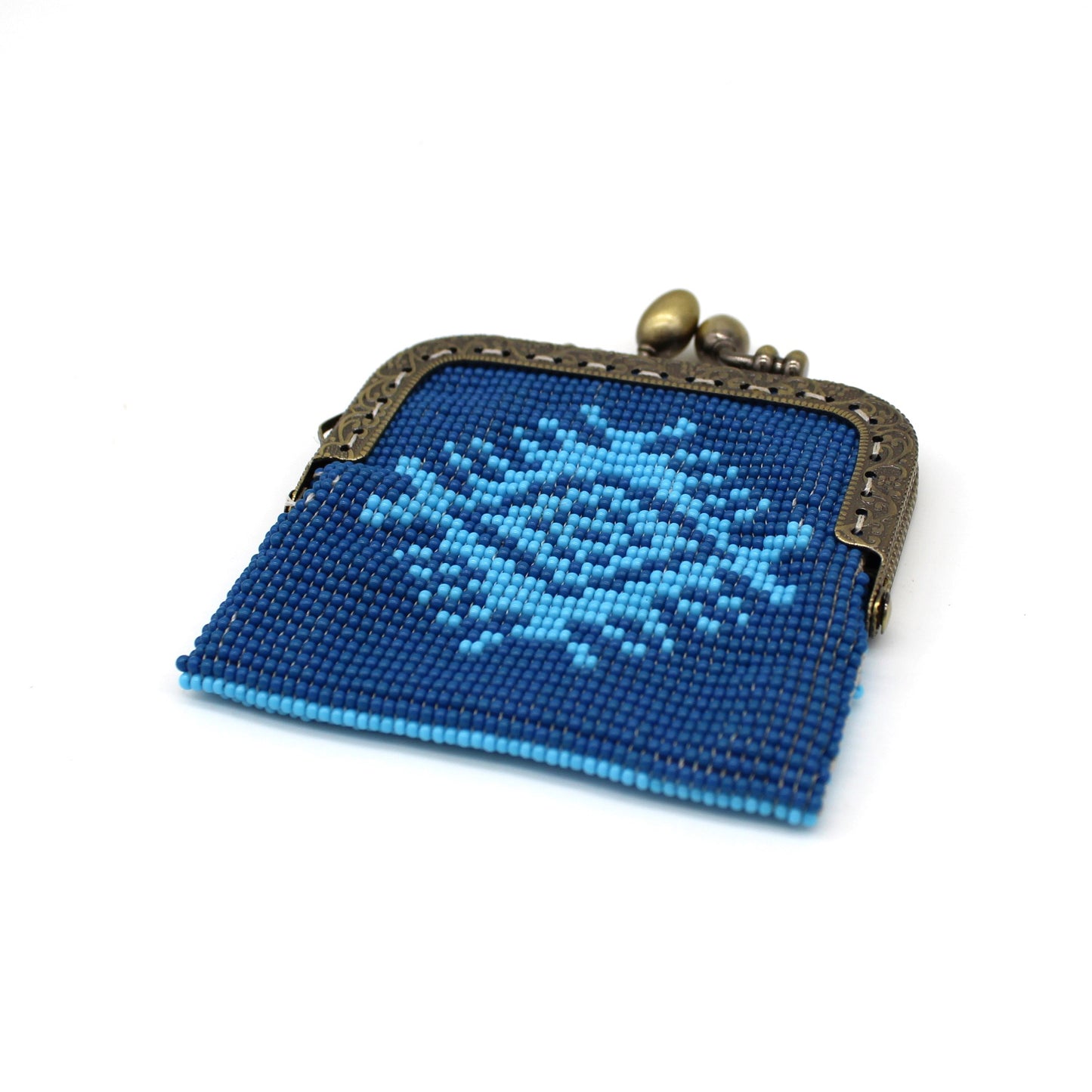 Glass bead coin purse with metal frame - Blue Eye