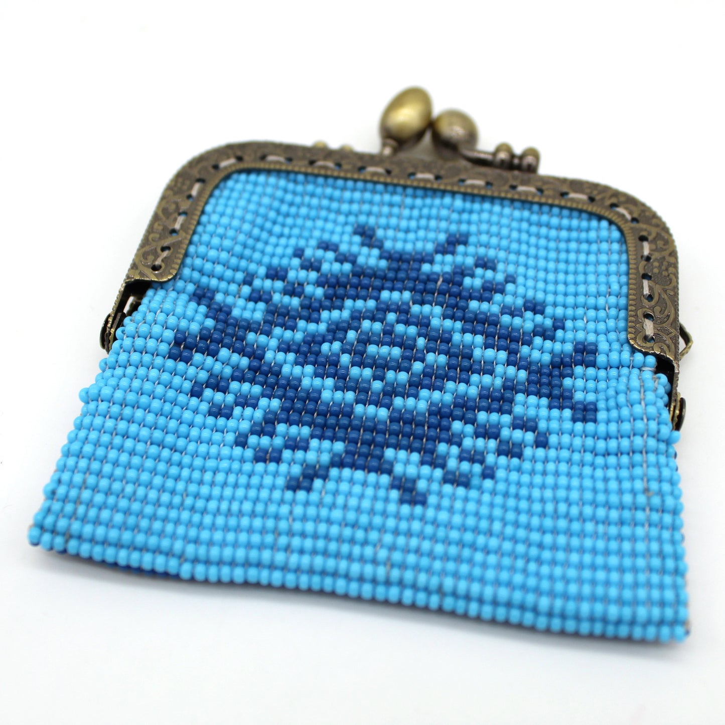 Glass bead coin purse with metal frame - Blue Eye